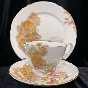 Shelley tea cup, saucer and dessert plate in Heather pattern.